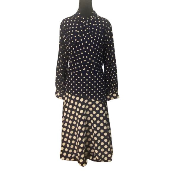 Maggy London Navy White Polka Dot Midi Dress Size 16 NWT High Neck Long Sleeve - Picture 1 of 10